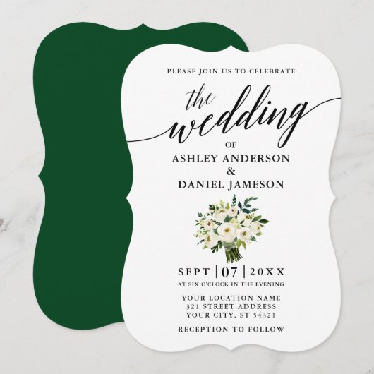 Calligraphy Green White Floral Bouquet Wedding Einladung (Vorne/Hinten)