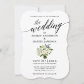 Calligraphy Green White Floral Bouquet Wedding Einladung (Vorderseite)