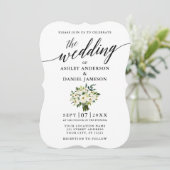 Calligraphy Green White Floral Bouquet Wedding Einladung (Stehend Vorderseite)