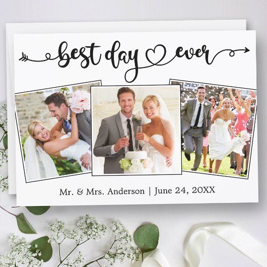 Calligraphy Heart Best Day Ever 3 Photos Wedding Dankeskarte