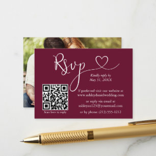Calligraphy Heart Foto Wedding Burgundy QR UAWG Begleitkarte