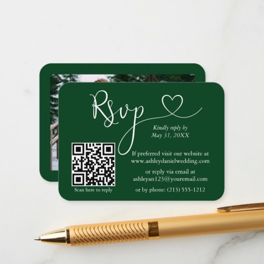 Calligraphy Heart Foto Wedding Green UAWG QR Begleitkarte (Vorderseite/Rückseite Beispiel)