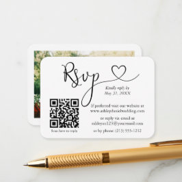 Calligraphy Heart Foto Wedding RSVP QR White Begleitkarte