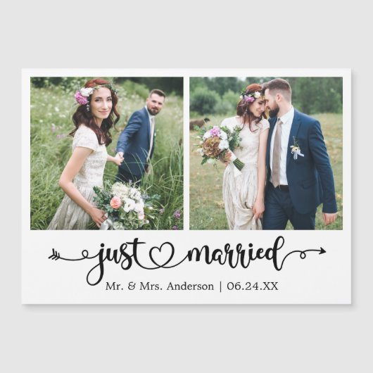 Calligraphy Heart Just Married 2 Foto Magnet Card (Vorderseite)