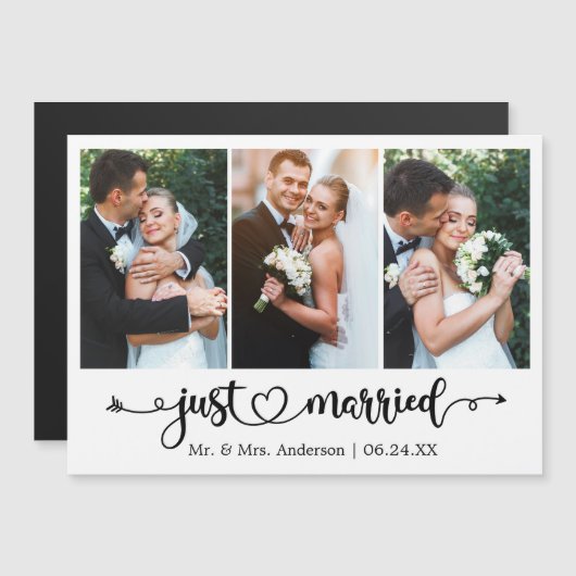 Calligraphy Heart Just Married 3 Photo Magnet Card (Vorne/Hinten)