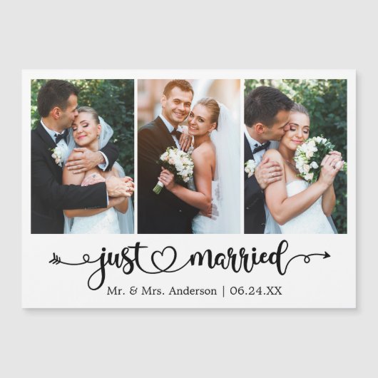 Calligraphy Heart Just Married 3 Photo Magnet Card (Vorderseite)