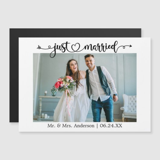 Calligraphy Heart Just Married Wedding Magnet Card (Vorne/Hinten)