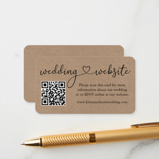 Calligraphy Heart Kraft Wedding Website QR Begleitkarte (Vorderseite/Rückseite Beispiel)