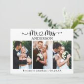 Calligraphy Heart Mr. and Mrs. 3 Photo Wedding Dankeskarte (Stehend Vorderseite)