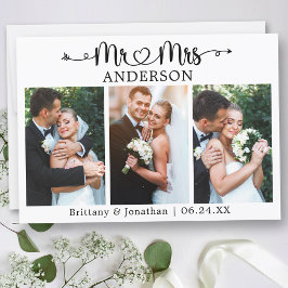 Calligraphy Heart Mr. and Mrs. 3 Photo Wedding Dankeskarte