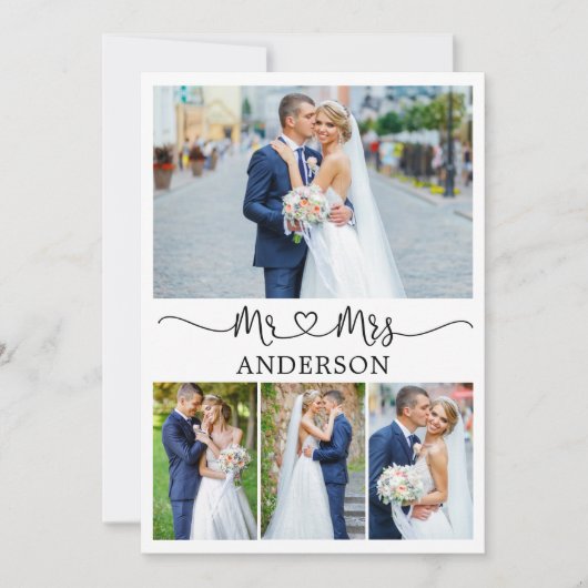 Calligraphy Heart Mr. and Mrs. 4 Fotos Wedding Dankeskarte (Vorderseite)