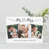 Calligraphy Heart Mr. and Mrs Wedding 3 Foto Dankeskarte (Stehend Vorderseite)