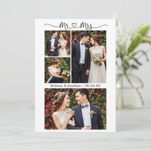 Calligraphy Heart Mr. and Mrs Wedding 4 Foto Dankeskarte (Stehend Vorderseite)