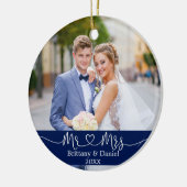 Calligraphy Heart Mr. and Mrs. Wedding Foto Blue Keramik Ornament (Links)