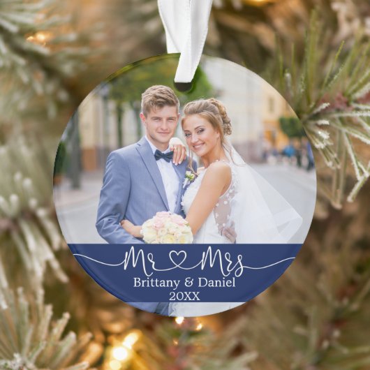 Calligraphy Heart Mr. and Mrs. Wedding Foto Blue Ornament (Baum)