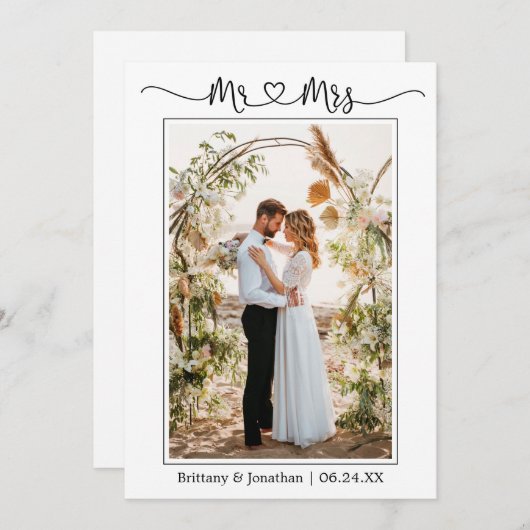 Calligraphy Heart Mr. and Mrs. Wedding Foto Dankeskarte (Vorne/Hinten)