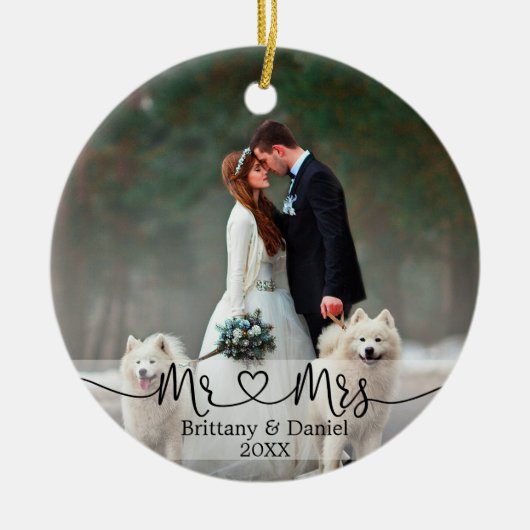 Calligraphy Heart Mr. and Mrs. Wedding Foto Keramik Ornament (Vorne)