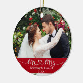Calligraphy Heart Mr. and Mrs Wedding Foto Red Keramik Ornament (Links)
