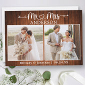 Calligraphy Heart Mr. Mrs. 2 Photo Wedding Wood Dankeskarte