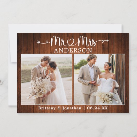Calligraphy Heart Mr. Mrs. 2 Photo Wedding Wood Dankeskarte (Vorderseite)