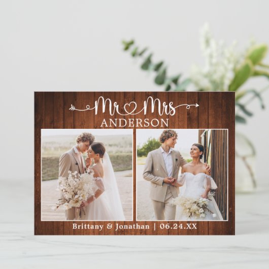 Calligraphy Heart Mr. Mrs. 2 Photo Wedding Wood Dankeskarte (Stehend Vorderseite)