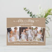 Calligraphy Heart Mr. Mrs. 3 Fotos Wedding Kraft Dankeskarte (Stehend Vorderseite)