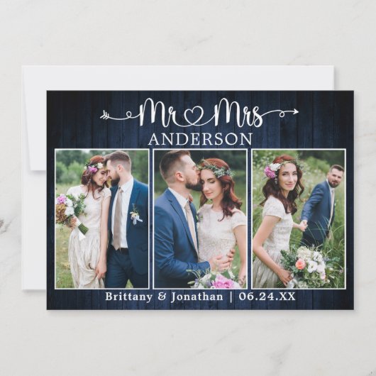 Calligraphy Heart Mr. Mrs. Blue Wood Wedding Dankeskarte (Vorderseite)