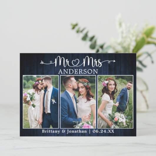 Calligraphy Heart Mr. Mrs. Blue Wood Wedding Dankeskarte (Stehend Vorderseite)