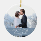 Calligraphy Heart Mr. und Mrs. Wedding Dusty Blue Keramik Ornament (Vorne)