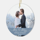 Calligraphy Heart Mr. und Mrs. Wedding Dusty Blue Keramik Ornament (Links)