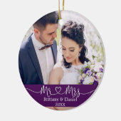 Calligraphy Heart Mr. und Mrs. Wedding Lila Keramik Ornament (Links)