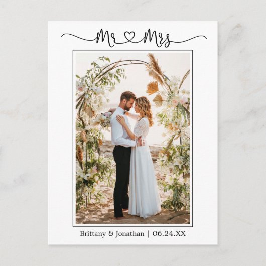 Calligraphy Heart Mrs. Wedding Foto Vielen Dank Postkarte (Vorderseite)