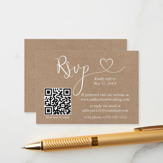Calligraphy Heart QR Kraft Wedding RSVP Begleitkarte (Vorderseite/Rückseite Beispiel)