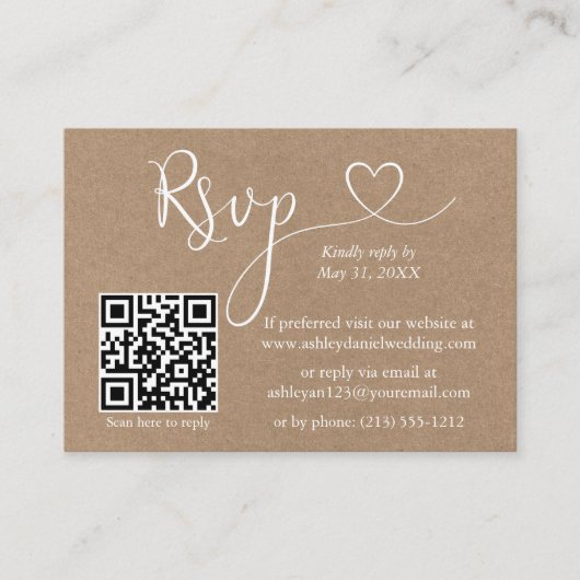 Calligraphy Heart QR Kraft Wedding RSVP Begleitkarte (Vorderseite)