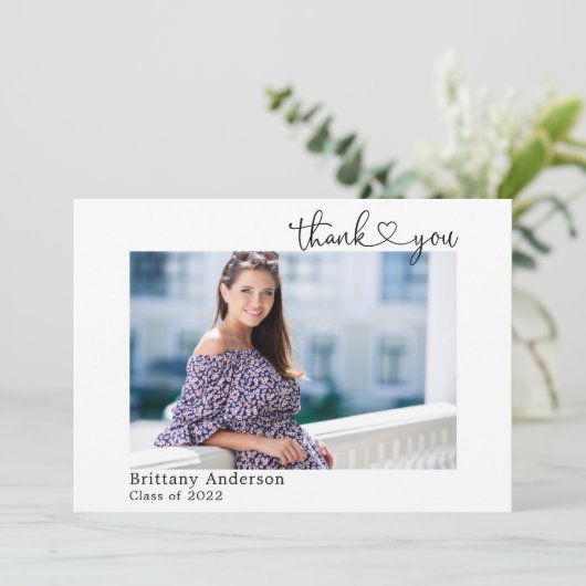 Calligraphy Heart Script Graduate Foto Dankeskarte (Stehend Vorderseite)