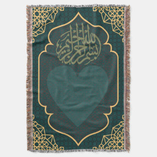 Calligraphy Heart Teal Gold Woven  Decke