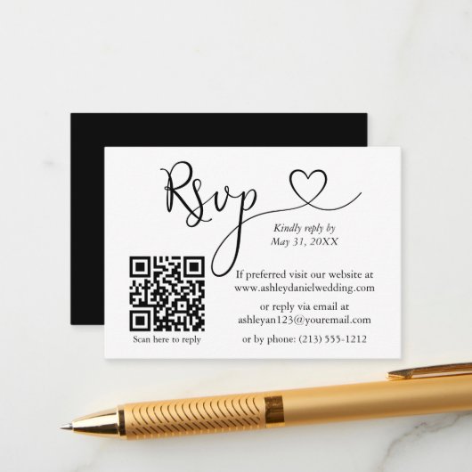 Calligraphy Heart Wedding QR Black UAWG Begleitkarte (Vorderseite/Rückseite Beispiel)