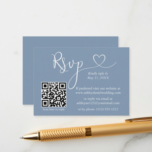 Calligraphy Heart Wedding QR UAWG Dusty Blue Begleitkarte (Vorderseite/Rückseite Beispiel)