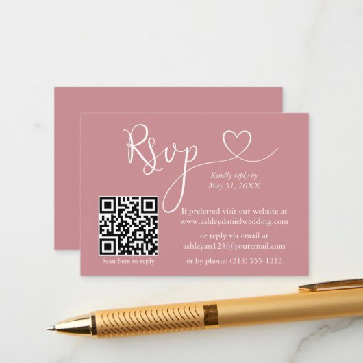 Calligraphy Heart Wedding QR UAWG Dusty Rose Begleitkarte (Vorderseite/Rückseite Beispiel)