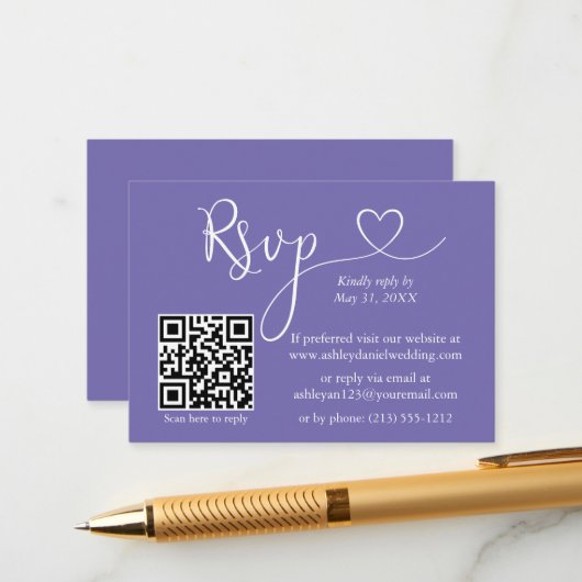 Calligraphy Heart Wedding QR UAWG Periwinkle Begleitkarte (Vorderseite/Rückseite Beispiel)