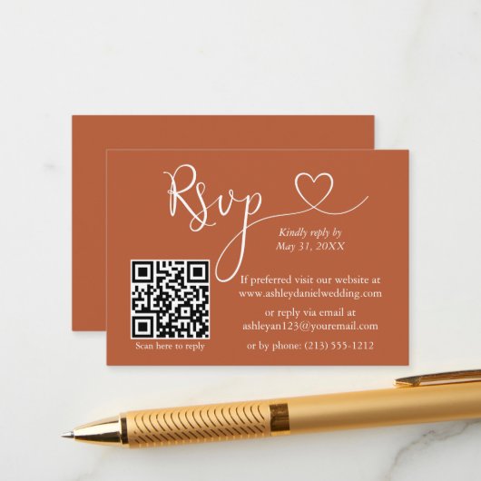 Calligraphy Heart Wedding QR UAWG Terracotta Begleitkarte (Vorderseite/Rückseite Beispiel)