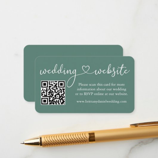 Calligraphy Heart Wedding Web QR Eucalyptus Green Begleitkarte (Vorderseite/Rückseite Beispiel)