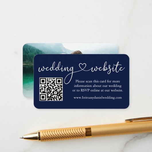 Calligraphy Heart Wedding Website QR Foto Blue Begleitkarte (Vorderseite/Rückseite Beispiel)