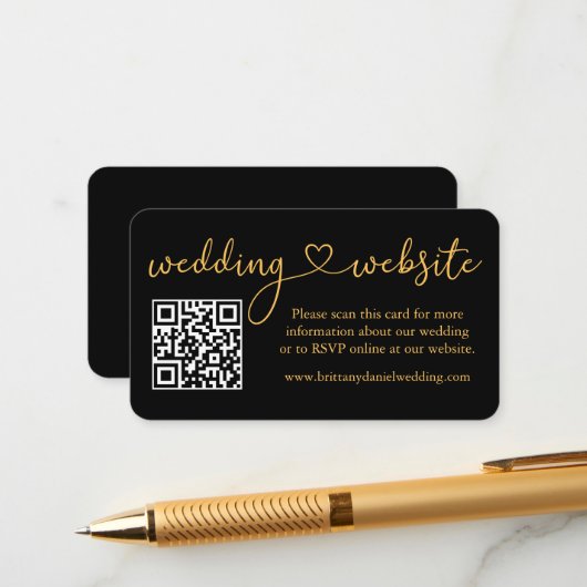 Calligraphy Heart Wedding Website QR Gold Black Begleitkarte (Vorderseite/Rückseite Beispiel)