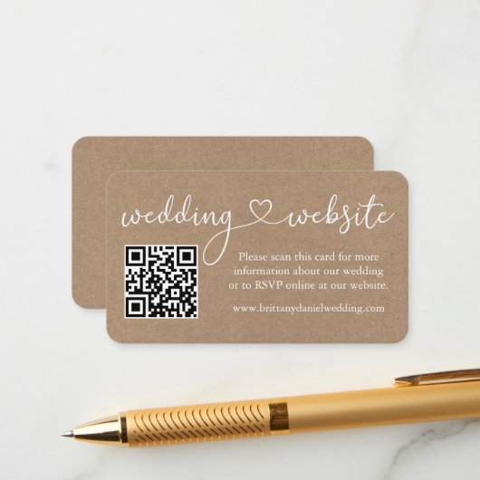 Calligraphy Heart Wedding Website QR Kraft Begleitkarte (Vorderseite/Rückseite Beispiel)