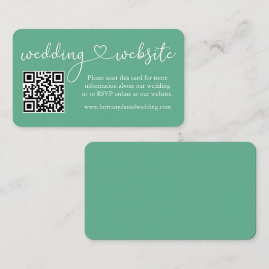 Calligraphy Heart Wedding Website QR Mint Green Begleitkarte (Vorne/Hinten)