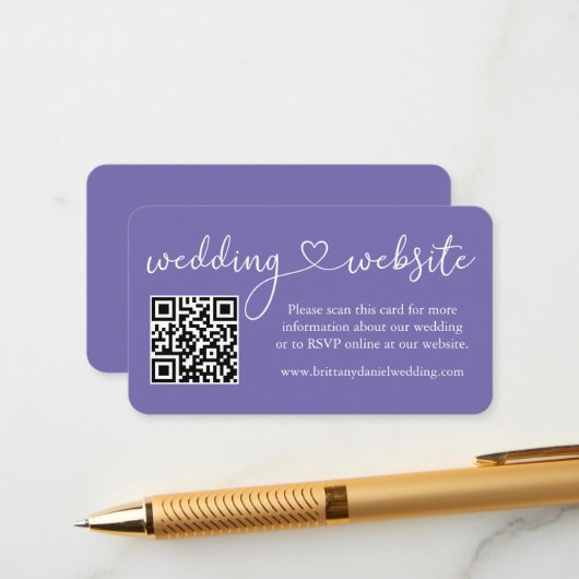 Calligraphy Heart Wedding Website QR Periwinkle Begleitkarte (Vorderseite/Rückseite Beispiel)