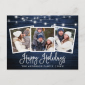 Calligraphy Holiday Blue Wood String Lights Foto Postkarte (Vorderseite)