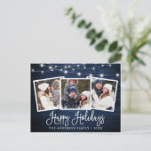 Calligraphy Holiday Blue Wood String Lights Foto Postkarte (Stehend Vorderseite)