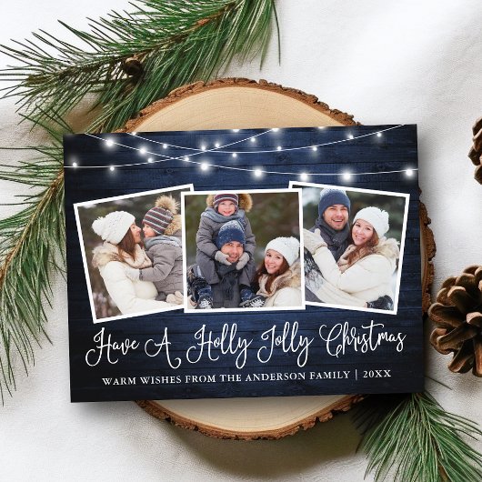 Calligraphy Holly Jolly Christmas Blue Wood Lights Postkarte